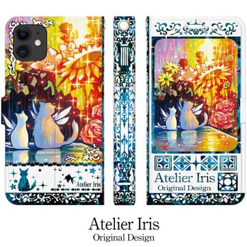 【花の咲く頃】猫 油絵 iPhone 手帳型 スマホケース 携帯ケース 送料無料 白地ブルーの画像
