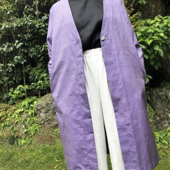 薄紫の紬着物生地リメイクコートの画像