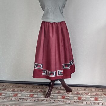 着物リメイク♪ワイン色・泥大島紬と銘仙の2枚からのスカート：丈７8ｃｍ（裏地付き）の画像