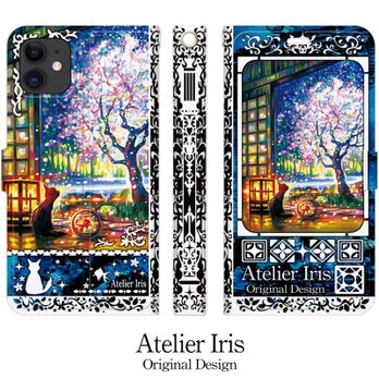 【和みの夜桜】猫 油絵 iPhone 手帳型 スマホケース 携帯ケース 送料無料 青テクスチャーの画像