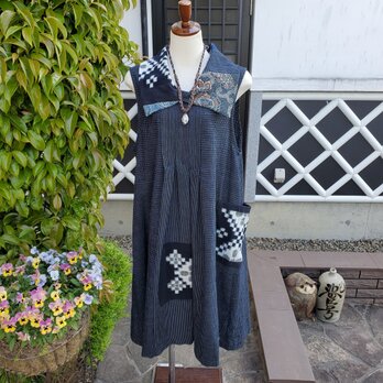 着物リメイク　古布　手作り　絣　パッチ　衿付き　ジャンパースカートの画像