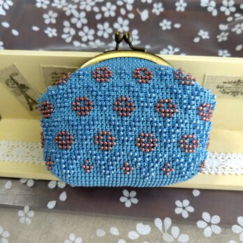 花のがま口　花模様　ビーズ編み込み　ビーズがま口　財布　小物整理　ギフト　プレゼントの画像