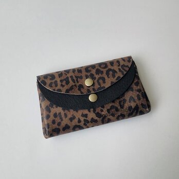 ピッグスキンの小さなお財布レオパード柄茶×ピッグスキン黒