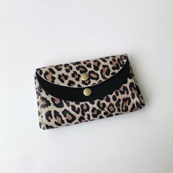 ピッグスキンの小さなお財布レオパード柄茶白×ピッグスキン黒