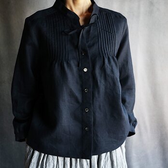 ピンタックリボンブラウス紺