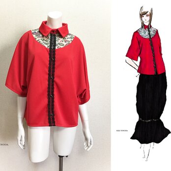 【1点もの・デザイン画付き】ゆったり着物袖アーチゴブラン織り切り替えブラウス（KOJI TOYODA）の画像