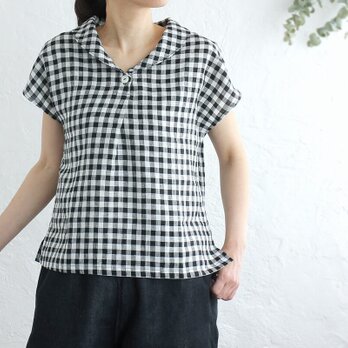 リネン ショールカラー プルオーバーブラウス （ギンガムチェックブラック）