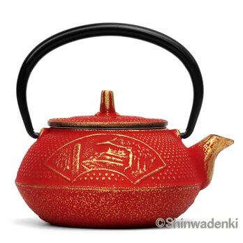 【お取り寄せ】南部鉄器 ティーポット 急須 中尊寺 金/赤 0.3L 日本製 内面ホーロー加工の画像