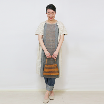 SALE♡手織り綿パッチワークの涼しい半袖ロングチュニック、ベージュミックスの画像