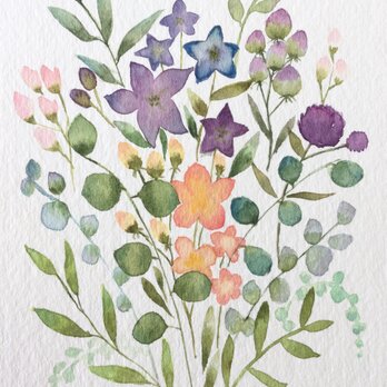 春の草花のブーケ　パープル　オリーブ　クレマチス　蕾　ユーカリ　お部屋に飾ったりサンキューカードとして送ったりできますの画像