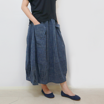 新色☆手織り綿絣インディゴ、バルーンスカート、オールシーズンの画像