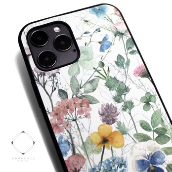 【iPhone15/14pro/13/13mini/12/11/SE~】レザーケースカバー（花柄×ブラック）ナチュラルフラワーの画像