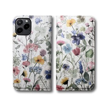 【両面デザイン】 iPhoneケース 手帳型 レザーケース カバー（花柄×ブラック）ナチュラルフラワー　ボタニカルの画像