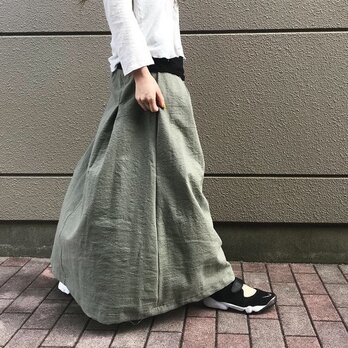 新作 マキシスカート好きが作った歩く度揺れる。フレア リネン ロングスカート 麻 ウエストゴム カーキ 夏の画像