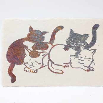 ギルディング和紙葉書　4匹の猫　黄混合の画像