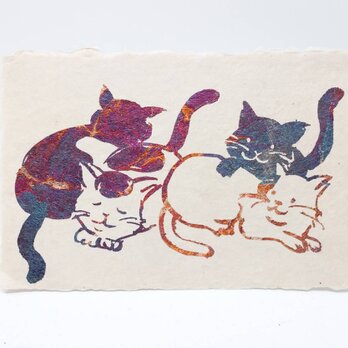 ギルディング和紙葉書　4匹の猫　赤混合の画像