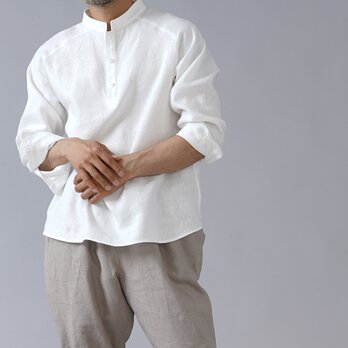 【Mサイズ】【wafu】リネン スタンドカラー シャツ 男女兼用 カフス袖 中厚地 /ホワイト t038g-wht2の画像