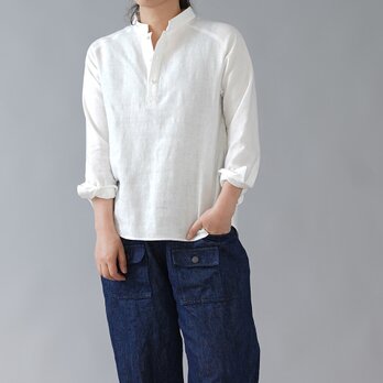 【Sサイズ】【wafu】リネン スタンドカラー シャツ 男女兼用 カフス袖 中厚地 /ホワイト t038g-wht2の画像