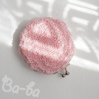 ばあば作、ビーズ入り松編み・まるまるがま口（サクラソウ・C1460）の画像