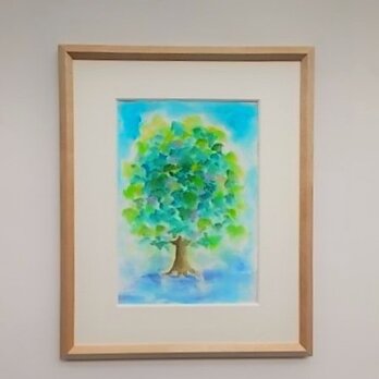 絵画 インテリア 額絵  水彩画 青と緑の世界 思い出の木の画像