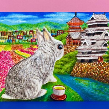 [夢見るうさぎちゃん]同柄ポストカード3枚セット　ファンタジー　松本城　清水寺　花畑　お茶　美術の画像
