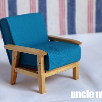 ドール用ソファ1人掛け（色：ブルー×オーク）　1/12ミニチュア家具の画像