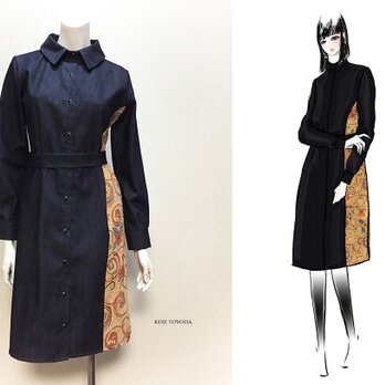 【オーダーメイド】岡山産デニム（紺）ゴブラン織り切り替えシャツ型コートワンピース（KOJI TOYODA）