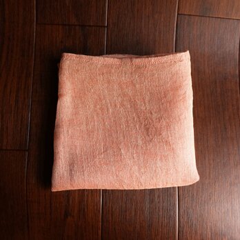 Decoオリジナル　上質リネン シングルガーゼのハンカチ/スカーフ　サーモンピンク×亜麻色の画像
