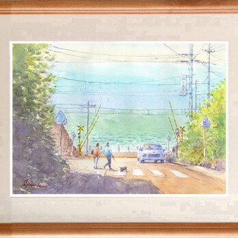 水彩画原画　湘南の海・鎌倉高校前踏切と日坂　＃463の画像