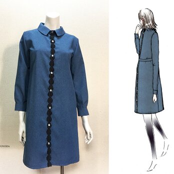 【1点もの・デザイン画付き】ベルト付きシャツ型ブルーワンピース（KOJI TOYODA）