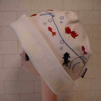 コットン素材スパンフライスニット生地で作ったニット帽（金魚さん）