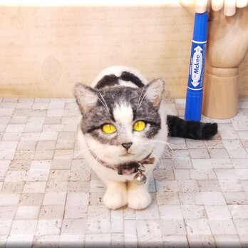 羊毛フェルト　猫　キジシロ猫さん　キジ白　ねこ　ネコ　猫フィギュアの画像