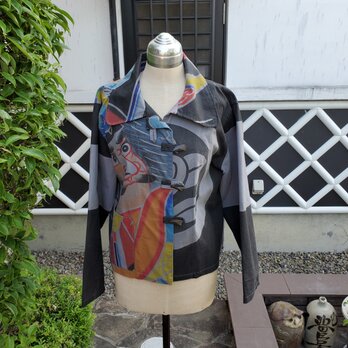着物リメイク　手作り　　旗　紋　鉄媒染　ジャケットの画像