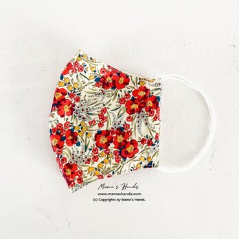 リバティ 赤花柄 綿100% 薄手系 大人用 立体型 エコ 布マスクの画像