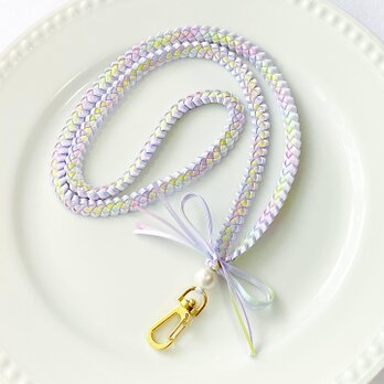 新色♡リボンレイのネックストラップ(ラベンダー×パステルレインボー）の画像