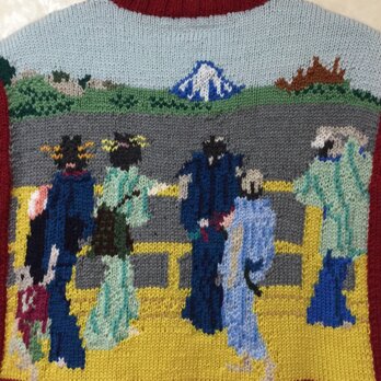 富嶽三十六景五百らかん寺さざゐどう手編みベスト(メンズMサイズ)の画像