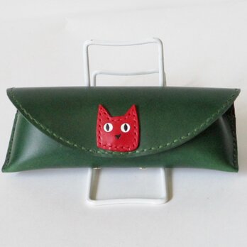 イタリア革ブッテーロ 赤猫ちゃんのメガネケース（緑）の画像