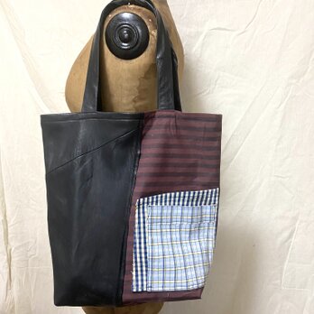 totebag /ヴィンテージ レザーとボーダーのトートバッグ    ■tf-365の画像