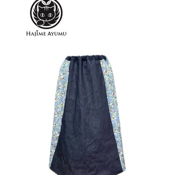 【現品1点限り‼︎】HAJIME AYUMU 高級和柄着物生地&岡山県産児島デニムデザインフレアスカートの画像