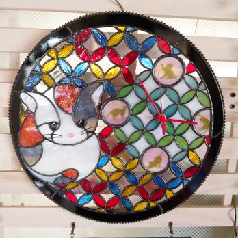 丸猫ステンドグラスの時計の画像