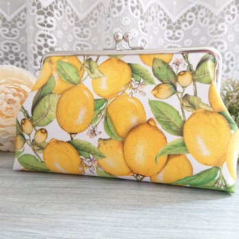 ◆【再販4】たわわなレモンのがま口ポーチ*柑橘黄色フルーツ柄食べ物果物の画像