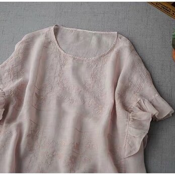 ★SALE★リネン100%アンティーク風刺繡、袖フリル付き大人可愛いトップス♪【ピンク】の画像