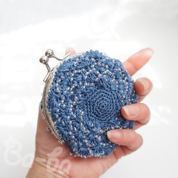 ばあば作、ビーズ入り松編み・まるまるがま口（blue・C1459）の画像
