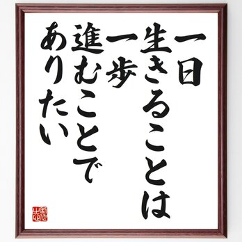 名言「一日生きることは、一歩進むことでありたい」手書き書道色紙額／受注後の毛筆直筆（Z0053）の画像