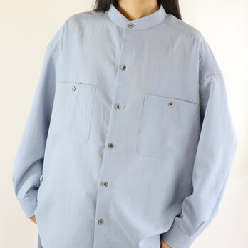 男女兼用　スタンドカラー　オーバーサイズシャツ　青の画像