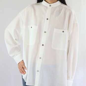 男女兼用　スタンドカラー　オーバーサイズシャツ　白　送料無料の画像