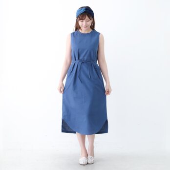 【ネット限定】 リネン＆コットン 裾がカーブになったノースリーブ ドレス ワンピース 半袖 麻 ブルーの画像