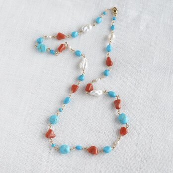 Turquoise coral and pearl necklace [OP801]の画像