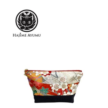 【現品1点限り‼︎】HAJIME AYUMU 高級和柄着物&高級児島デニムリメイクデザインポーチ 赤の画像