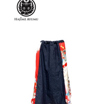 【現品1点限り‼︎】HAJIME AYUMU 高級和柄着物&岡山県産児島デニムデザインリメイクフレアスカートの画像